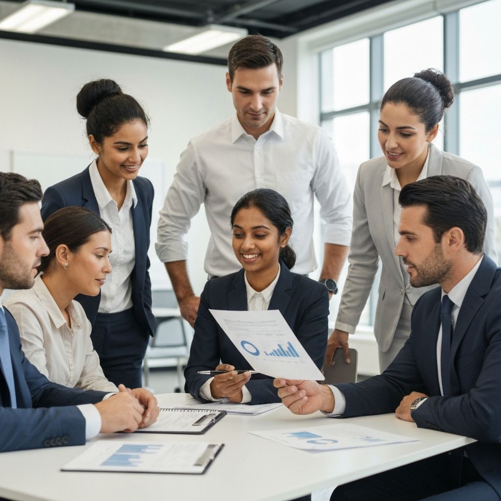 Equipo de asesores financieros trabajando con familia empresarial en oficina moderna