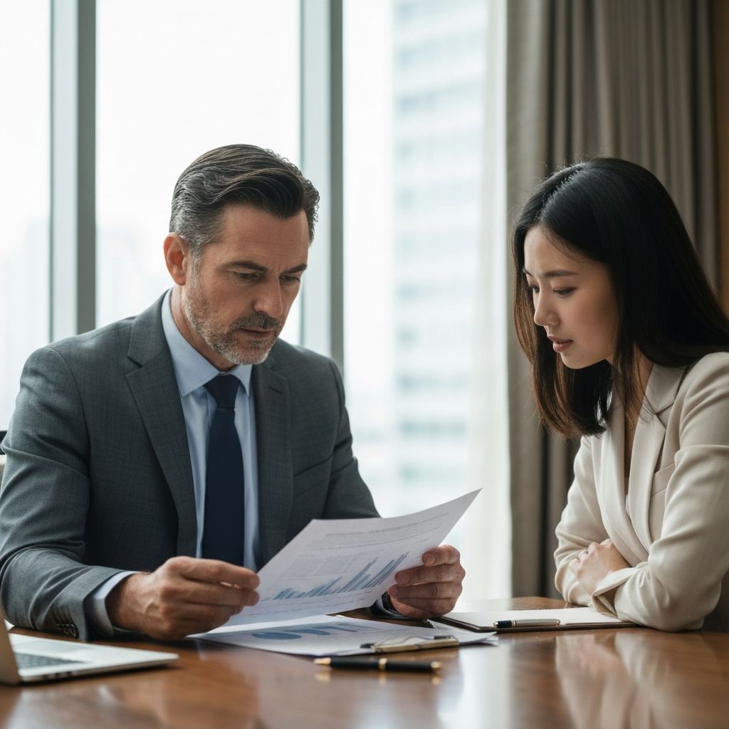 Asesores financieros analizando documentos con cliente en reunión de planificación