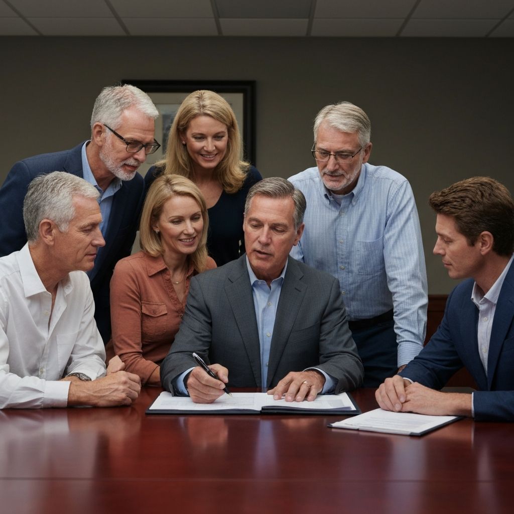 Familia multigeneracional revisando documentos financieros con asesor